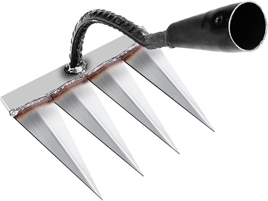 Hark, onkruidverwijderaar, tuingereedschap, gazonrakel, graafvork, multifunctioneel tuingereedschap, 4 tanden, koolstofstaal, voor wieden/losmaken/zaaien (zonder stok)