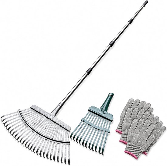 Hark Tuin, 25+11 tanden bladhark met metalen steel, 4-delige verstelbare handgreep (EEN deel: 40-45 cm), heavy-duty blad, tuinhark voor bladeren, gazon, grond, incl. 4 handschoenen