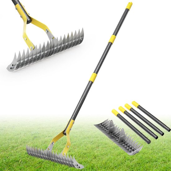 Hark, tuin verticuteerhark heavy duty met 19 stalen tanden 140 cm, 38 cm brede handmatige ontthatcher en verticuteergereedschap voor gazon verticuteren, mos en gras verwijderen