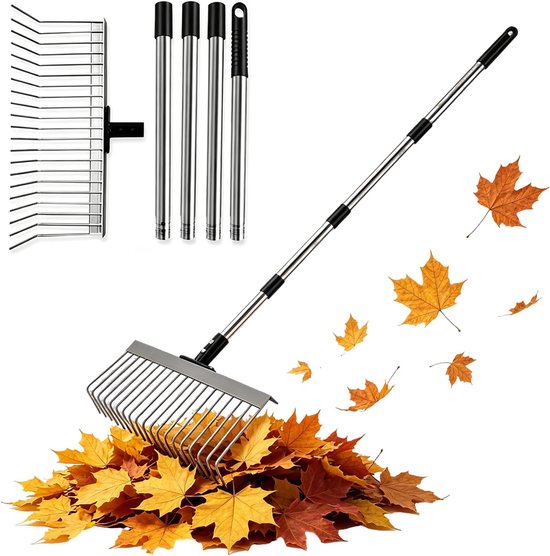 Hark, tuinhark, 21 tanden, 160 cm, metalen hark, 4-traps verstelbare handgreep en afneembare hark, voor wieden, bemesten, tuinhark, bladeren, gras, bodem, tuin en gazon