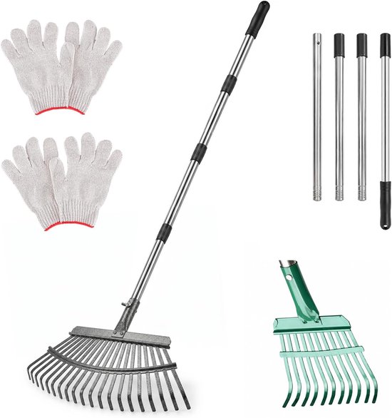 Hark, tuinhark, metaal, met 180 cm roestvrijstalen steel, hark, bladhark voor tuin, gazon, struik, gras, mulch, robuust
