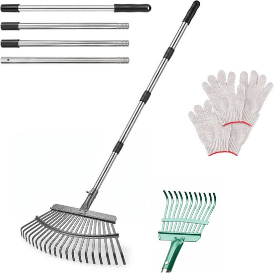 Hark, tuinhark, roestvrij staal, 25+11 tanden, bladhark, met steel, verstelbaar, 70-185 cm, zware belasting, waaierbezem, gazonhark, tuinhark, bladbezem met handschoenen, voor gazon, bladeren