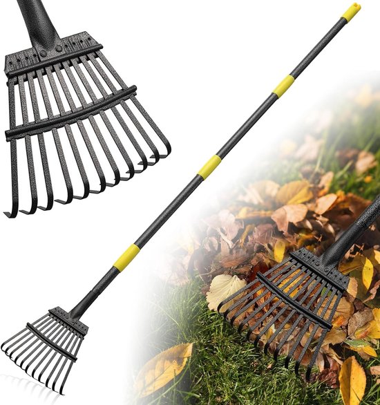 Hark voor Bladeren en Tuinafval, 150 cm, 11 Metalen Tanden, Verstelbare Stalen Handgreep, Ideaal voor Bloembedden en Gazons