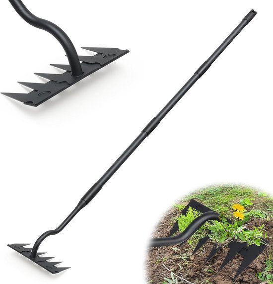 Hark voor de tuin, 140 cm lange steel, 6 stevige tanden, duurzaam metaal, onkruidbestrijding, tuingereedschap, tuinonderhoud
