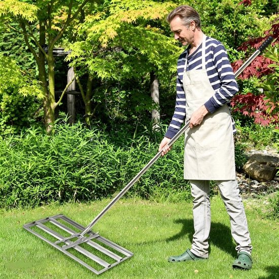 Hark voor het egaliseren van gazons, 75 x 25 cm, roestvrij staal, 2 m lange steel, tuin en golfbaan gereedschap van Merkloos	