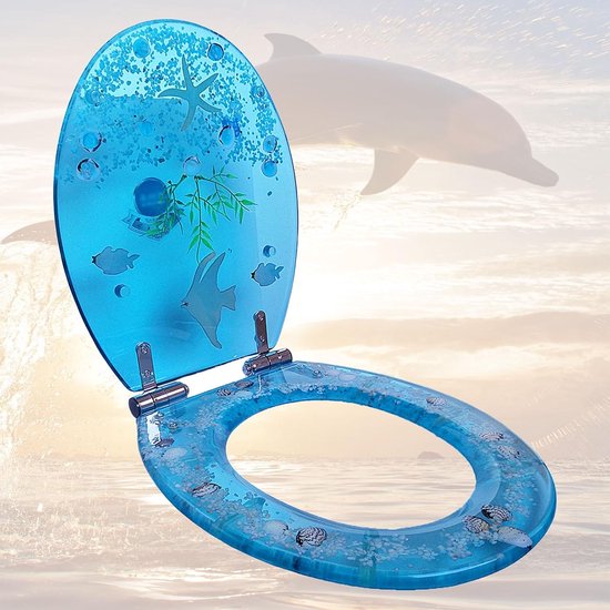 Hars toiletbril met blauwe oceaan gele zeester, stille langzame zachte sluiting zware toiletstoelen met tropische vissen transparante 3D-effecten decoratief
