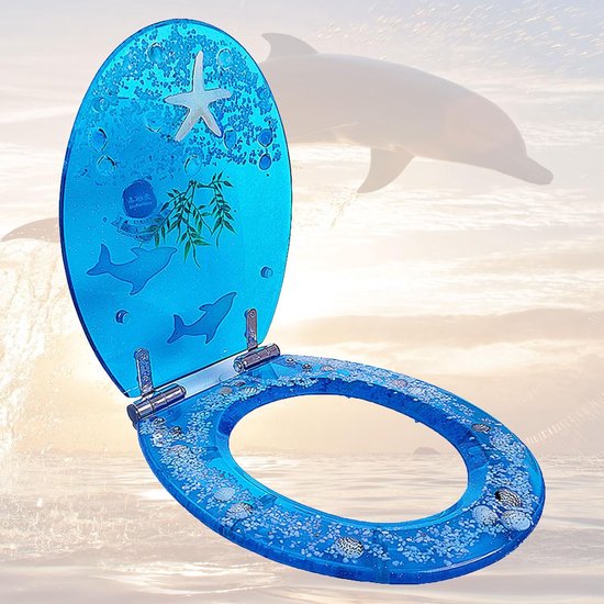 Hars toiletbril met blauwe oceaan gele zeester, stille langzame zachte sluiting zware toiletstoelen met tropische vissen transparante 3D-effecten decoratief