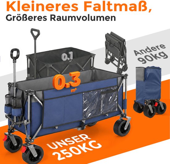 HAUSS SPOLE Tuinkar – Opvouwbaar 300 L 120 x 57,5 x 44 cm – Staal En 600D Oxford – Blauwgrijs – Voor Strand Camping En Boodschappen van hauss-spole