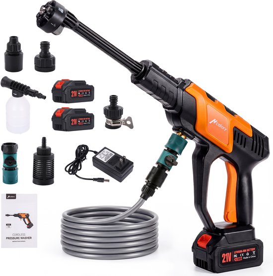 Hcalory Draadloze Hogedrukreiniger 230W Borstelloze Motor, 175 Bar, 2x4000mAh Accu, 4 Drukstanden, 6-in-1 Spuitmond + Schuimtank – Voor Auto, Terras en Huis, Inclusief Directe Kraanaansluiting met Afsluitventiel