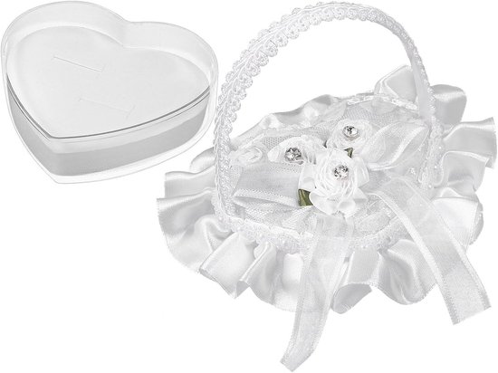 Heart Ring Pillow met Handvat Mini Satin Lace Ringkussen voor Bruiloft Proposal Fotoboekje