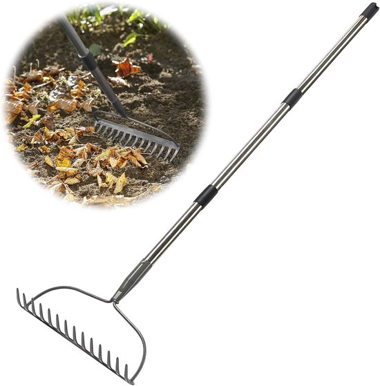 Heavy Duty Bladhark voor Tuinieren, 1,5 m Rugbesparende Metalen Hark voor Gazons en Tuinwerk