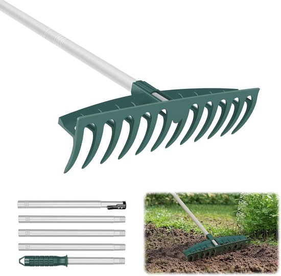 Heavy Duty Garden Rock Rake for Lawns and Leaves - 12 Steel Teeth, 62 Inch Adjustable Handle