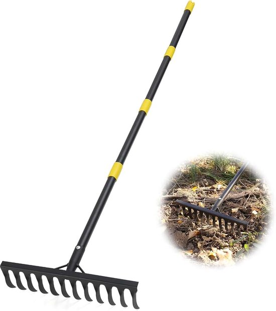 heavy duty met 12 tanden, 189 cm metalen hark voor het losmaken van grond verzamelen, bladnivellering, gazon, landbouw, tuin, rieten hark