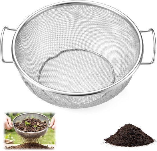 Heavy duty roestvrijstalen tuinzeef met dubbele handgreep voor compost, aarde en onkruid - diameter 1 mm, ideaal voor tuinieren en grondbewerking