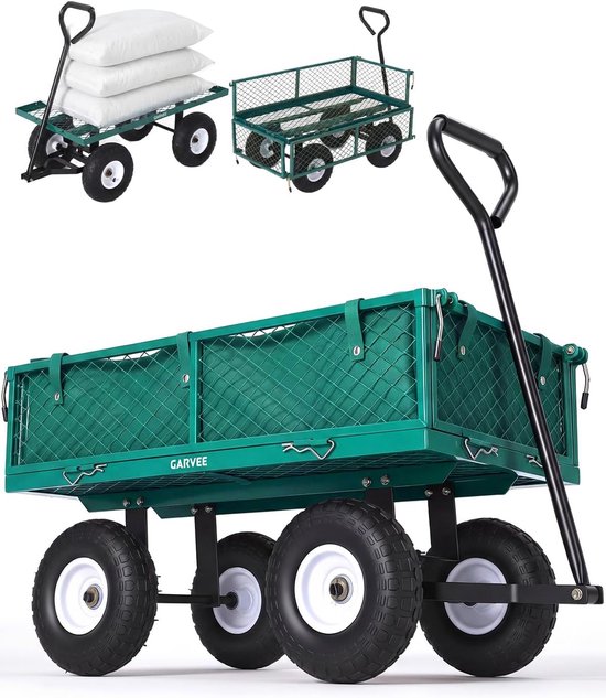 Heavy Duty Tuinkar / Bolderkar - 180 kg Draagvermogen - Transportkar met 10" Luchtbanden - Afneembare Zijwanden & Waterdichte Voering - Stalen Kar voor Tuin & Erf - Groen