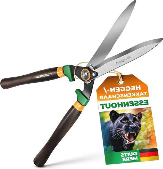 Hedge Trimmer - Robust garden and shrub shears with serrated edge SK5 carbon steel ergonomic ash wood handle and impact buffer for sustainable and efficient garden maintenance.
