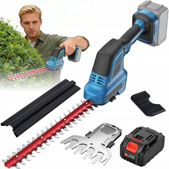 Heggenschaar Accu - Gras- en Haagschaar - Draadloze Grasmaaier - 2-in-1 - Buxusschaarmes en Grasschaarmes - 21V - 90° Verstelbaar - Dubbele Beveiliging- Elektrische Heggenschaar - Voor Gazon Heg en Struiken - Tuingereedschap