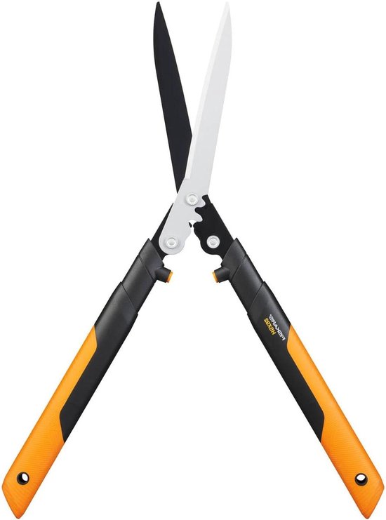 Heggenschaar hoogwaardig antikleeflaag staal 63 cm lengte PowerGear X HSX9263 - 165 x 25 cm Zwart Oranje Heggenschaar van Fiskars