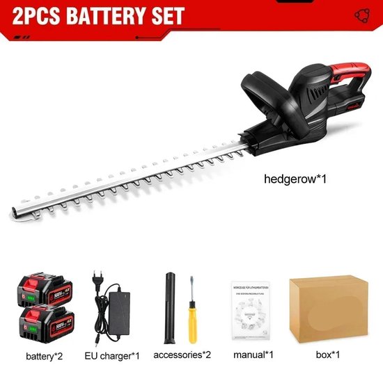 Heggenschaar – met Accu - Draadloze - Elektrische Snoeizaag - 7200SPM - 2000W - met Koolstofstalen Mes – 18V Accu – 51cm Dubbelzijdig Mes – Dubbele veiligheidsschakelaar - 2 Batterij van Merkloos	