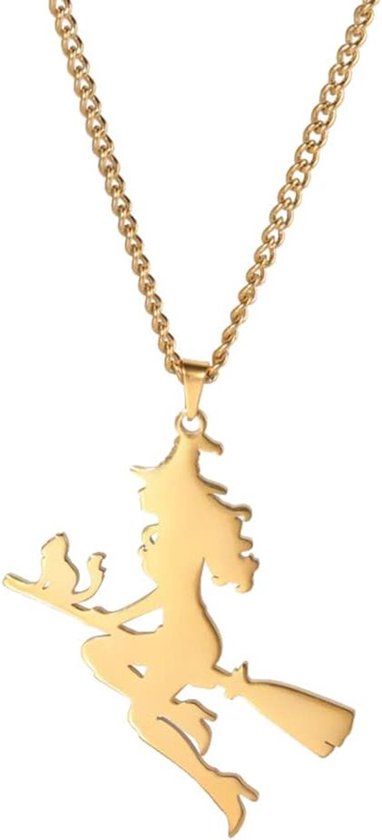 Heks Bezem Kat Hanger Ketting Vliegende Heks Maan Halve Maan Bezemsteel Choker Hekserij Charm Halloween Amulet Sieraden Geschenken voor Meisjes Roestvrij staal. van Yheakne