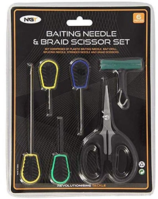 Hengelaccessoires 6-delige set – Vlechterschaartje, Aasgereedschap en Knooptrekker van Merkloos	