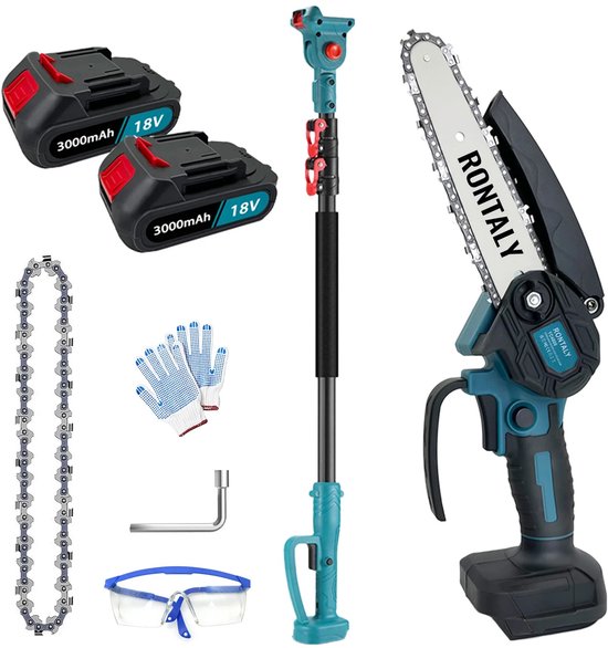 Hennova Mini Kettingzaag - Kettingzaag - Boomzaag - Lichtgewicht en draadloos - Telescopische steel - 2x18 V oplaadbare accu's - 15 cm Kettingzaagblad - 5500 mAh van Hennova