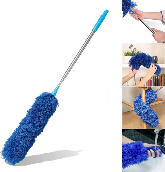HEOATH Microfiber Extendable Duster, Extra Long 100 Inches Non-Scratch, Bendable, Washable, Hypoallergenic Springs for Cleaning Roof, Ceiling Fan, Blinds, Cobwebs, Skirting Boards - Blue