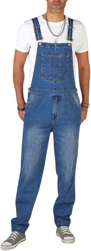 Heren Denim Blauwe Tuinbroek Stonewash Relaxed Fit Casual Jeans Zakken Overalls
