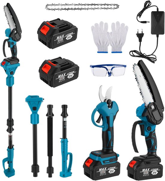 HEZIVO® Takkenschaar Telescopisch - 4-in-1 Snoeiset - Mini Kettingzaag - Takkenzaag - Accu Snoeischaar - Uitschuifbaar - Met 2 Accu's van Merkloos	