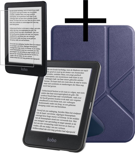 Hoes Geschikt voor Kobo Clara BW Hoesje Bookcase Cover Book Case Hoes Sleepcover Trifold Met Screenprotector - Donkerblauw van BW.