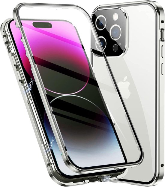 Hoes voor iPhone 14 Pro - magnetische adsorptie telefoonhoes - 360 graden stootbescherming - voorzijde achter gehard glas - beschermhoes met metalen frame - zilver van Merkloos	