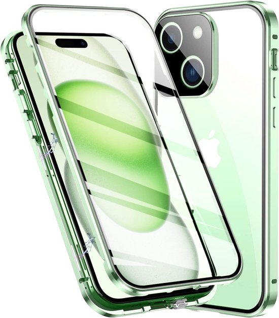 Hoes voor iPhone 15 Plus - magnetische adsorptie - telefoonhoes - 360 graden bescherming tegen stoten - gehard glas - beschermhoes - metalen frame - groen van Merkloos	