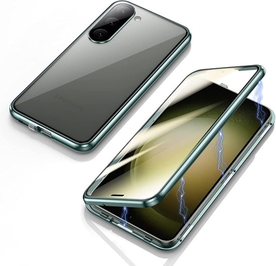Hoes voor Samsung Galaxy S23 5G - magnetische adsorptie - metalen bumper - flip cover met 360 graden bescherming - dubbelzijdig - transparant - gehard glas - telefoonhoes - groen - duurzame bescherming van Merkloos	