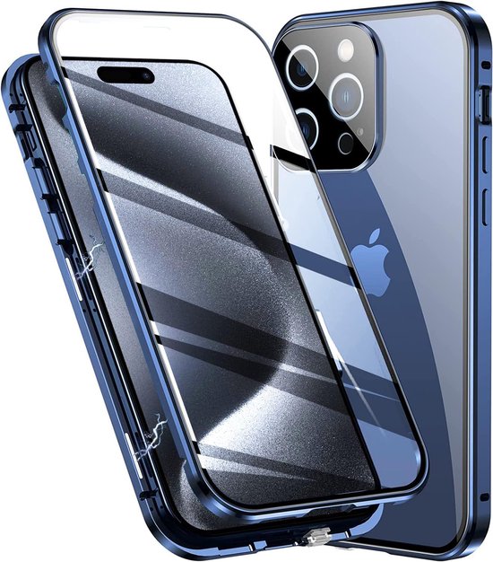 Hoesje voor iPhone 15 Pro Max - magnetische adsorptie - telefoonhoes - 360 graden - schokbescherming - achtergehard glas - beschermhoes - metalen frame - blauw van Merkloos	