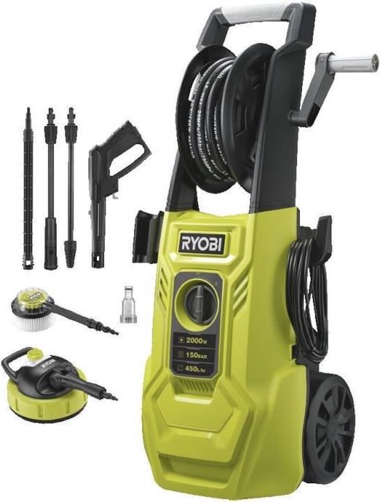 Hoge drukreiniger 2000 W 150 balken 450 L - Flexibele 8m, haspel, 0,9 L tank, lansen (vario -turbo), roterende borstel van Powerplus