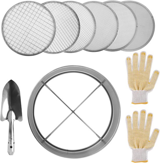 Hoge Kwaliteit Tuinaarde Zeef met RVS Frame, 20cm, Inclusief 6 Verwisselbare Filters, Spatel en Tuinhandschoenen voor Efficiënt Tuinieren en Grondbewerking van Merkloos	