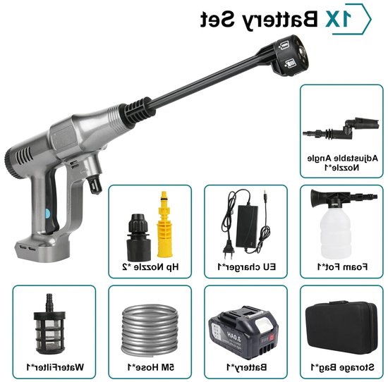 Hogedruk Auto Wasmachine - Hogedruk Waterpistool - Hogedrukreiniger - Hogedrukspuit - Draadloze - 200Bar - Auto-Wasser - Brushless - 6IN1 - 18V - 1 Batterij - Zilver van Merkloos	