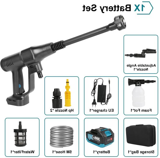 Hogedruk Auto Wasmachine - Hogedruk Waterpistool - Hogedrukreiniger - Hogedrukspuit - Draadloze - 200Bar - Auto-Wasser - Brushless - 6IN1 - 18V - 1 Batterij - Zwart van Merkloos	