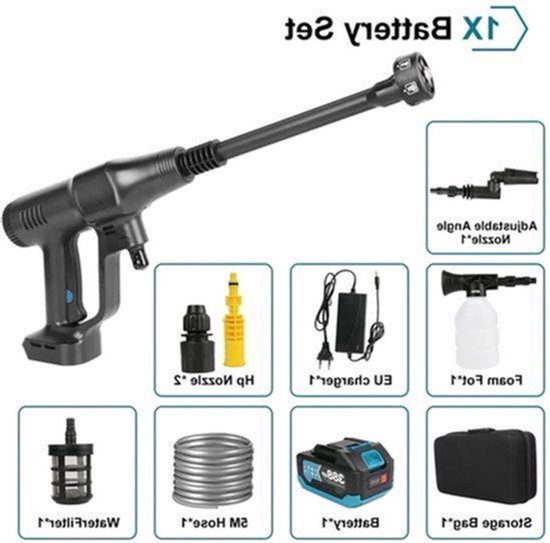 Hogedruk Auto Wasmachine - Hogedruk Waterpistool - Hogedrukreiniger - Hogedrukspuit - Draadloze - 200Bar - Auto-Wasser - Brushless - 6IN1 - 18V - 1 Batterij - Zwart
