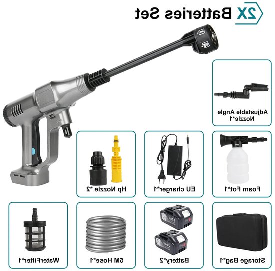 Hogedruk Auto Wasmachine - Hogedruk Waterpistool - Hogedrukreiniger - Hogedrukspuit - Draadloze - 200Bar - Auto-Wasser - Brushless - 6IN1 - 18V - 2 Batterij - Zilver van Merkloos	