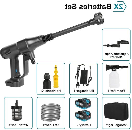 Hogedruk Auto Wasmachine - Hogedruk Waterpistool - Hogedrukreiniger - Hogedrukspuit - Draadloze - 200Bar - Auto-Wasser - Brushless - 6IN1 - 18V - 2 Batterij - Zwart van Merkloos	