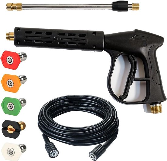 Hogedruk-waterpistool, hydro-reinigingspistool, 4000 psi, met reservestaafverlenging, 5 mondstukken, slang + 8 m, voor ramen, auto, thuis