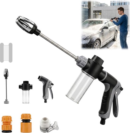 Hogedrukpistool, hogedrukreiniger met 3 snelkoppelingen, tuinslang/spuit/opzetstuk, auto schuimpistool hogedrukmondstuk voor autowassen, tuinslang, tuinreiniging (grijs)