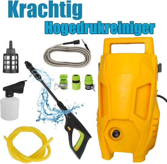 Hogedrukreiniger (1500W, set voor huis en auto inbegrepen, max. debiet: 350 l/u, in kartonnen doos), waterfilter, hogedruk-flexibele slang, vuilblaster, spuitlans van Merkloos	