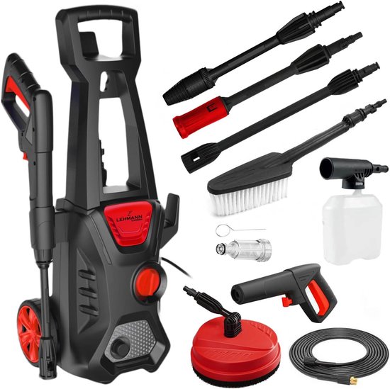Hogedrukreiniger 1600W - 200 Bar Max - 480 l/u - Zelfaanzuigend Reinigingsapparaat met Accessoireset - Voor Auto, Terras, Tuin, Gevel en Velgen