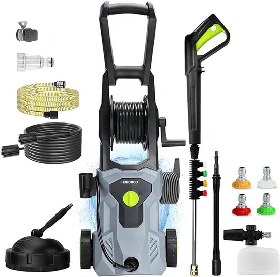 Hogedrukreiniger 180 bar – 2000 W, 450 L/u – 11 m Slang met Haspel – 4 Sproeiers, Terrasreiniger & Schuimlans – 86 cm Verhoogd Design van Merkloos	