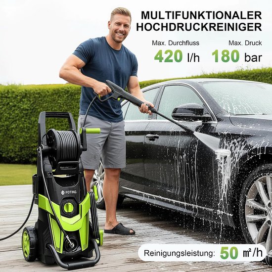 Hogedrukreiniger 180 Bar - Elektrische Reiniger met 7m Slang, Slanghaspel & Schuimreservoir - Inclusief Vuilfrees & 6-in-1 Mondstuk - Voor Terras, Auto & Tuin - Laura Homestore - Groen