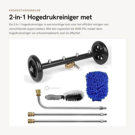 Hogedrukreiniger 2-in-1 - Waterbezem - 16 inch Oppervlaktereiniger - 4 Spuitmonden - 3 Verlengstangen - 4000 PSI Druk - Drukreiniger