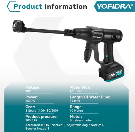 Hogedrukreiniger 6 In1 Hogedruk Auto Waterspuitpistool - 200 Bar Druk - Draadloos - Tuin Wasmachine Cleaner - Power Tool - Voor Makita Batterij Pin
