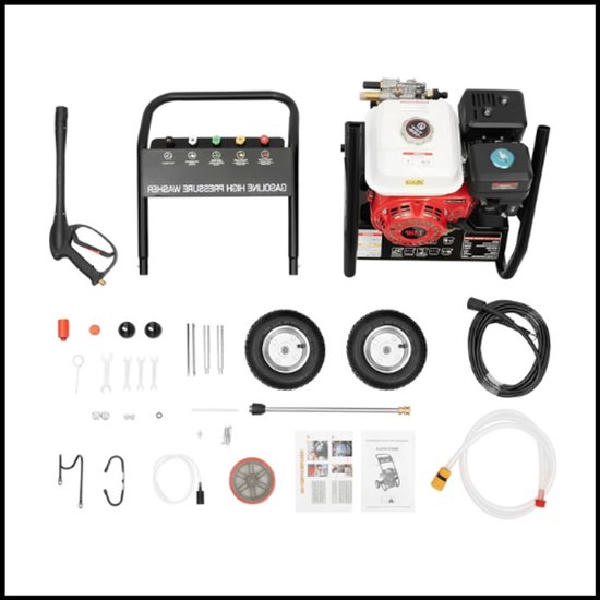 Hogedrukreiniger 7,5 HP 2200 PSI – benzine aangedreven – 5 verschillende sproeikoppen – tuin- en buitenreiniging – met wielen en ergonomische spuitgun – zwart/rood – krachtig en veelzijdig
